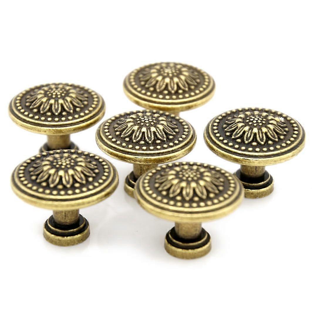 6 Pcs Vintage Floral Antique Brass Cabinet Knobs with Distressed Finish, Single Hole Mount