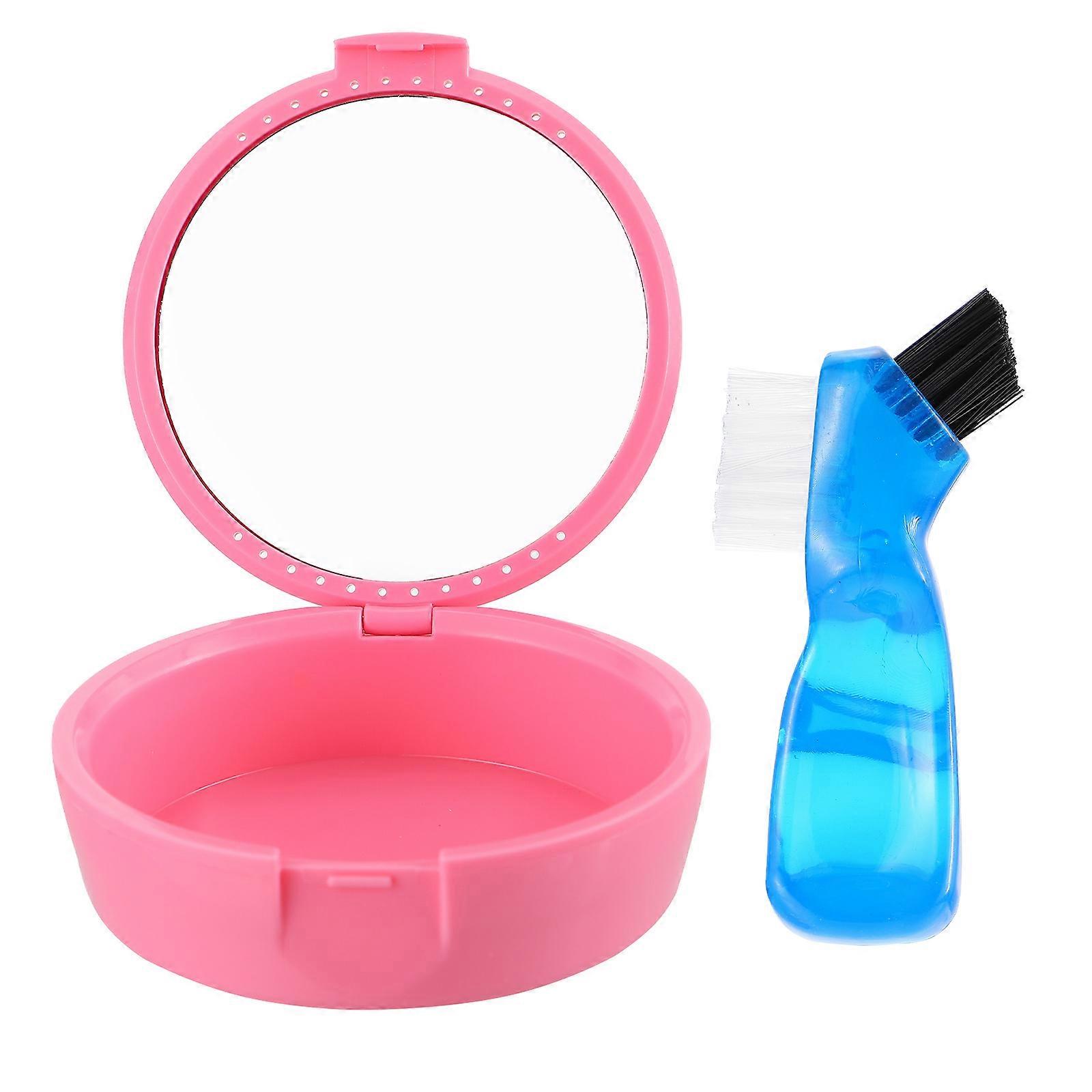 Portable Denture Storage Box with Brush Pink False Tooth Holder