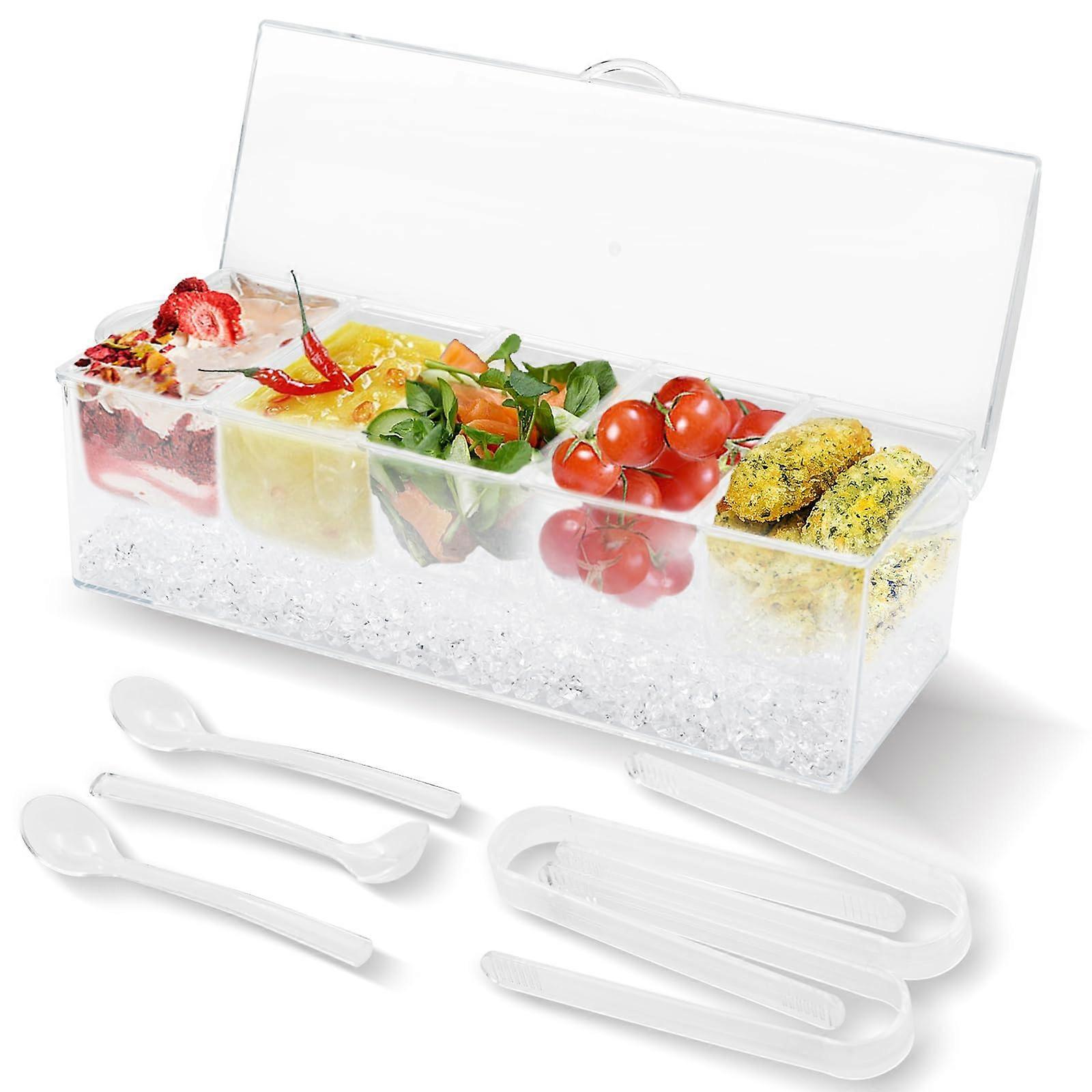 Chilled Condiment Server with Lid, 5 Compartment Organizer on Ice, Clear Bar Serving Tray