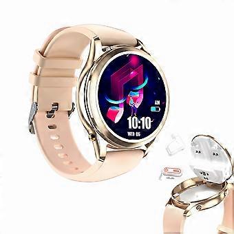Smartwatch con auricolari Bluetooth per chiamate, display AMOLED, fitness tracker per donna, iPhone e Android, colore oro.