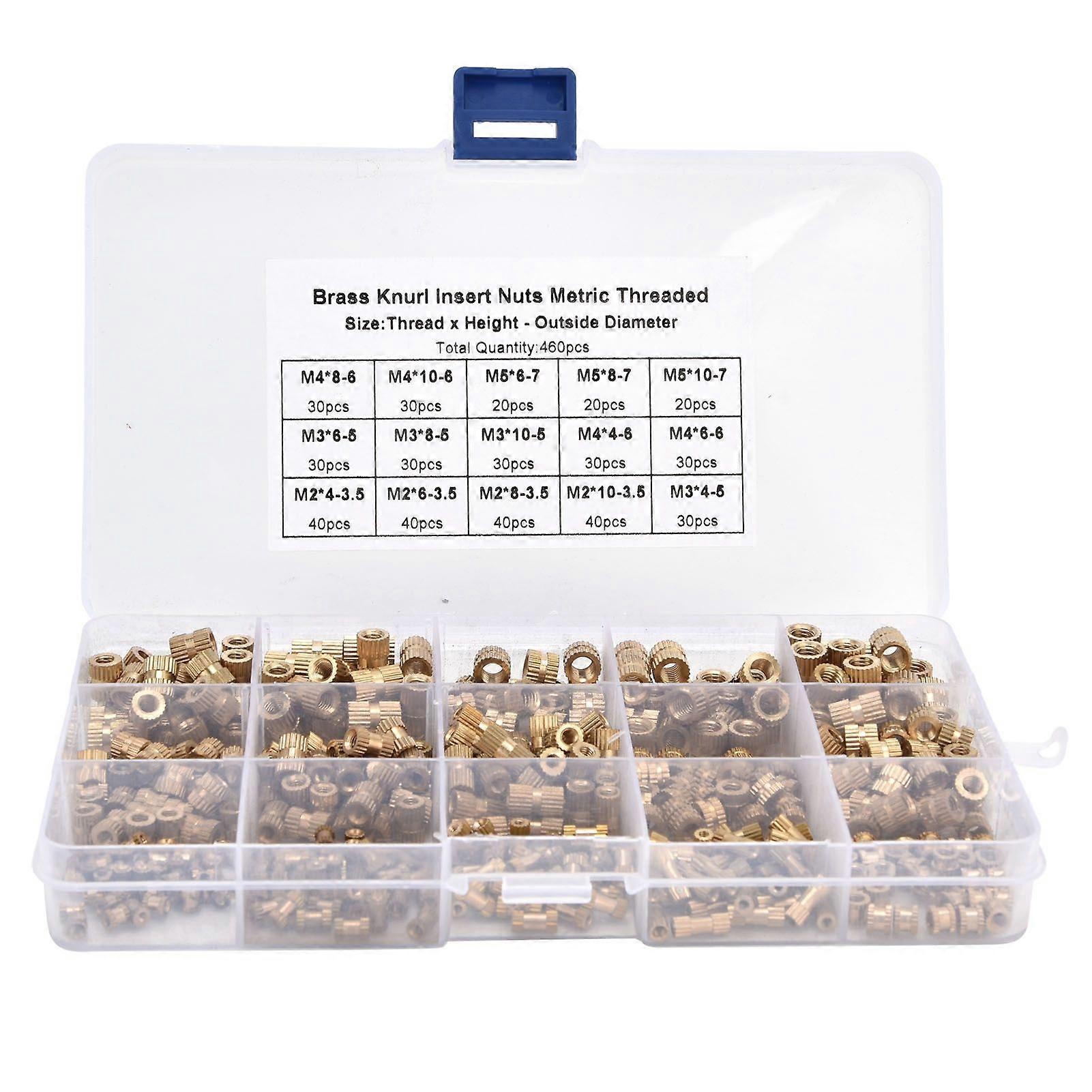 460Pcs Knurled Nuts M2 M3 M4 M5 Female Thread Brass Threaded Insert Embedment Assortment Kit