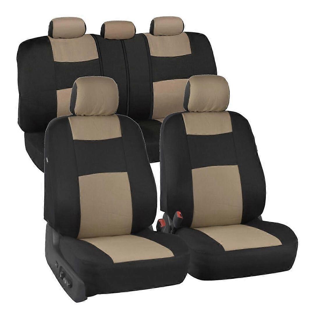 Beige Black Car Seat Covers Set, SoftTouch Cushioning Durable Polyester, 9pc Split Bench Interior Trim Kit