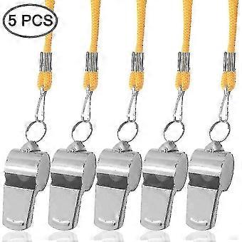 Conjunto de 5 apitos de aço inoxidável com cordão amarelo para árbitro, treinador, sobrevivência, emergência, futebol [MI]