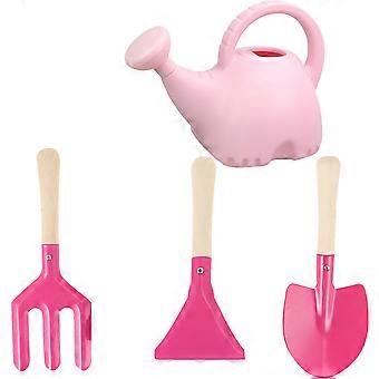 Children's Garden Tools Wood Watering Can for Plant Use 4Pcs Pink
