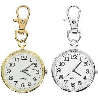 2 Stück schlichte Taschenuhren zum Aufhängen, moderne Uhrenanhänger, Schlüsselanhänger, Quarz-Taschenuhren für Senioren und Pflegekräfte (Silber, Gold) Silber