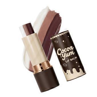 Een lippenbalsem met kleur, verkrijgbaar in de tinten crème, roze bruin en diep bruin, met een subtiele glans en een bijpassende, chocolade-geïnspireerde verpakking met dop.