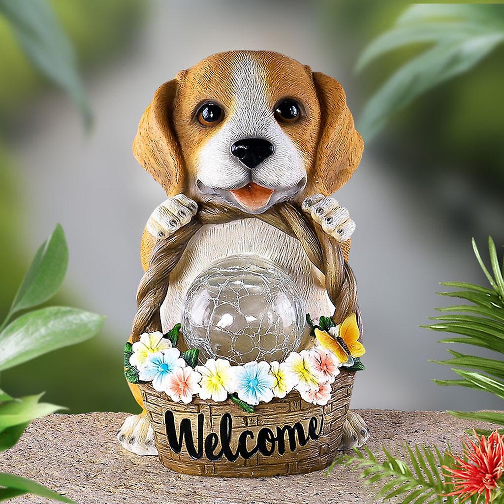 Solar Garden Puppy Statues Dog With Basket Figurine, Solar Powered