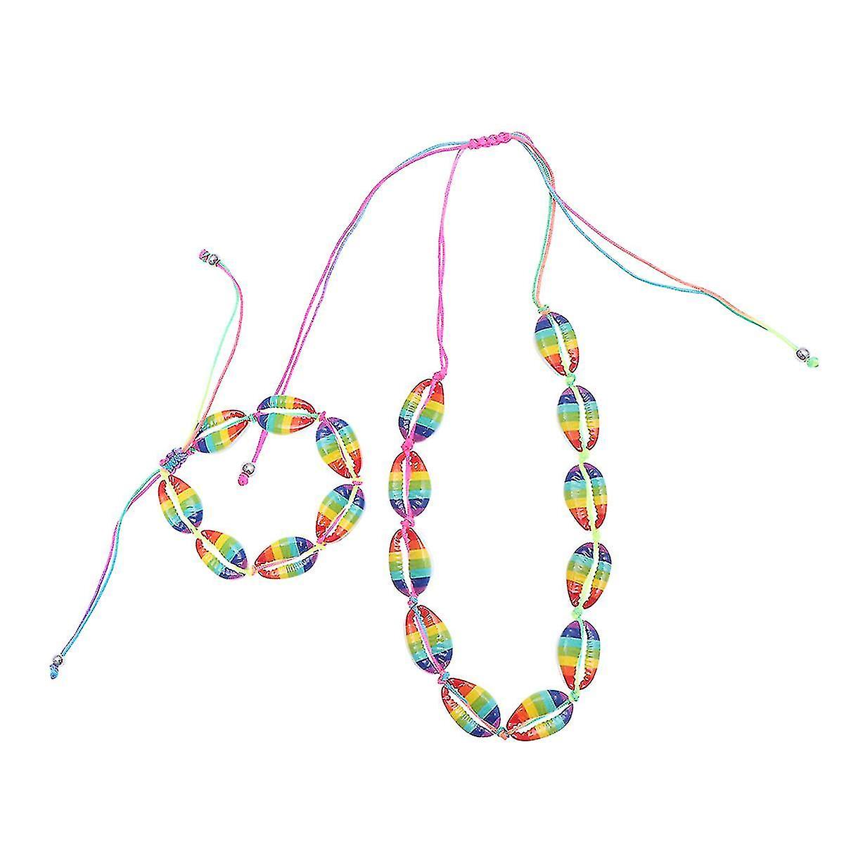 2pcs Women Beach Style Necklace And Shell Pendant Bracelet Set Vintage Beaded Adjustable Ankle Brace