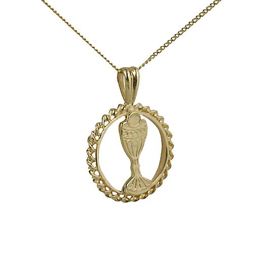 9ct Gold 15mm round First Communion Pendant with a curb Chain 20 inches