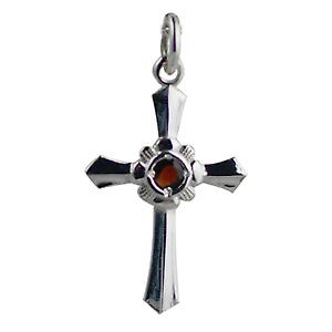 Silver 25x18mm plain ornate shape Cross set with Garnet