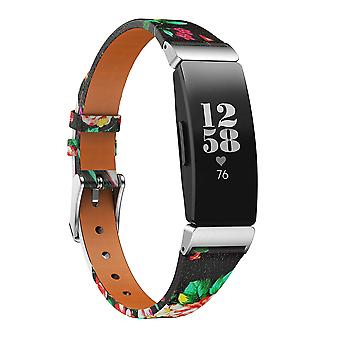 Flower Pattern Single Tour Genuine Leather Watch Strap for Fitbit Inspire/Inspire HR Red Rose