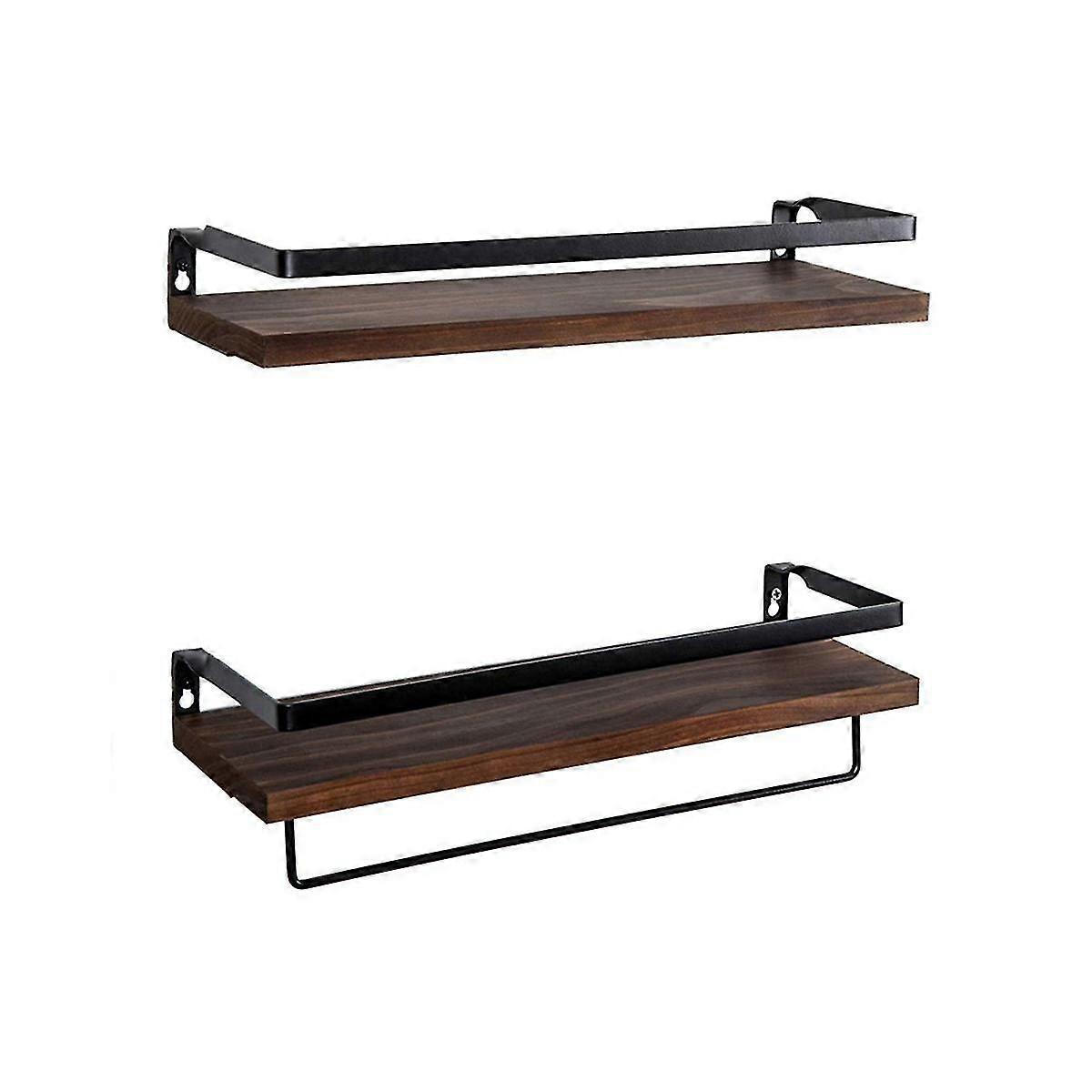 2パックウォールシェルフセットメタルウッド素朴フローティングストレージキッチンバスルームタオルラック多目的S