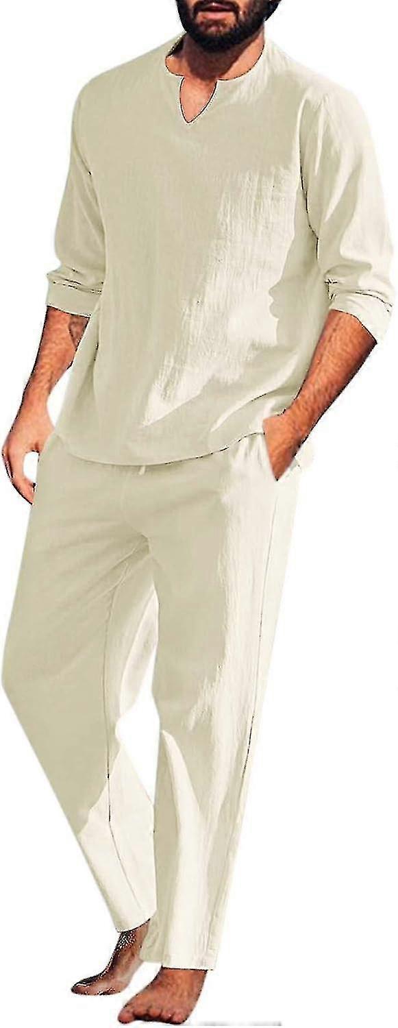 Mens Linen Sets 2 Piece Summer Outfits Long Sleeve Tee Shirts Pants Set Casual Soft Sleepwear Loose Comfy Loungewear