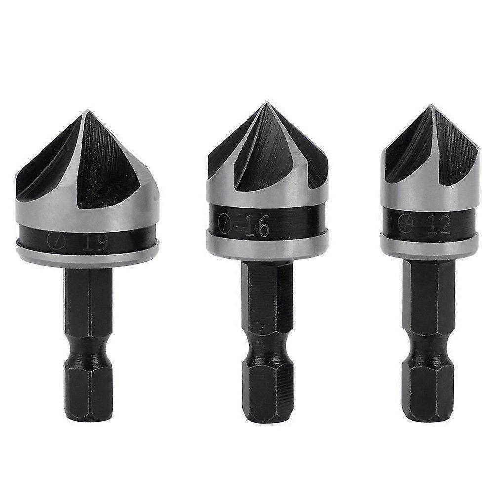 3pcs 1/4" Hex HCS Chamfer Cutter 5 Flute Drill Bit Chamfer Bits Countersink Sink Countersink 12mm/16mm/19mm For Wood Metal