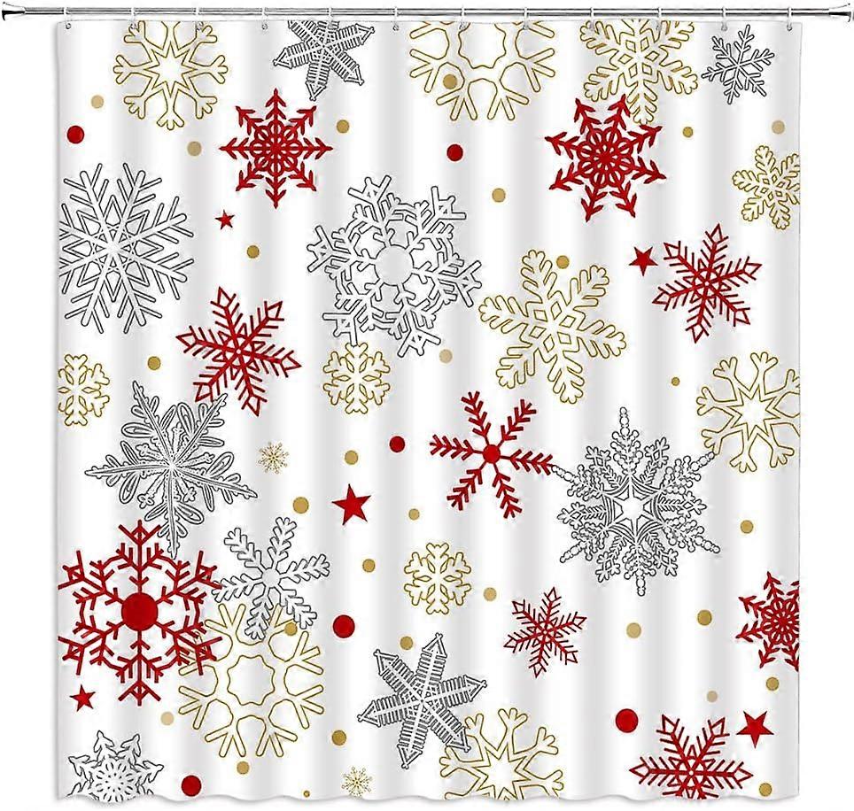 Snowflake Shower Curtain Merry Christmas Winter Gold Red Snowy Xmas Holiday Happy New Year Fabric Bathroom Decor Set with Hooks(36" WX72 H)