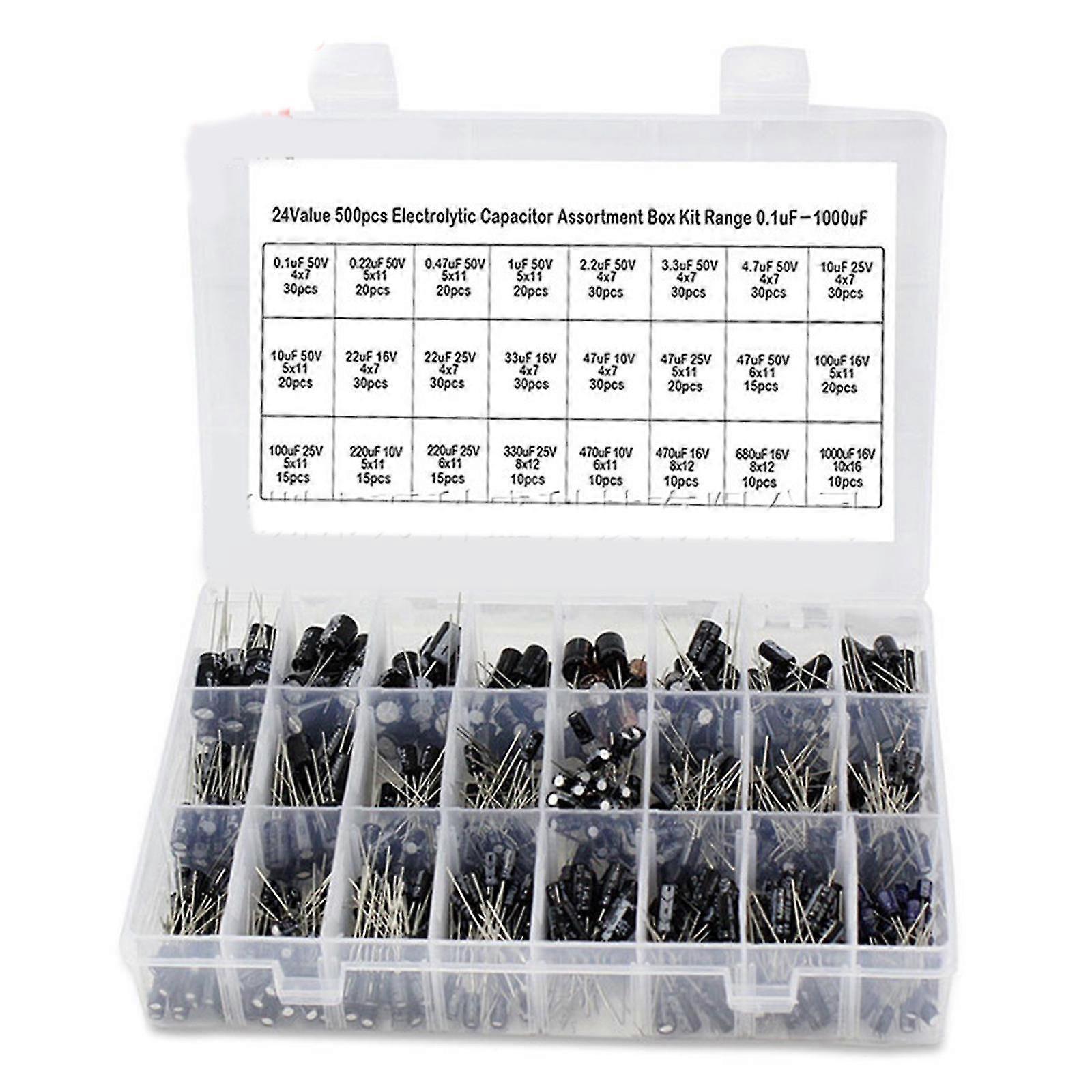 500 قطعة 24 قيمة الألومنيوم كهربائيا مكثف كيت 0.1uf - 1000uf 50V المكثفات تشكيلة مربع