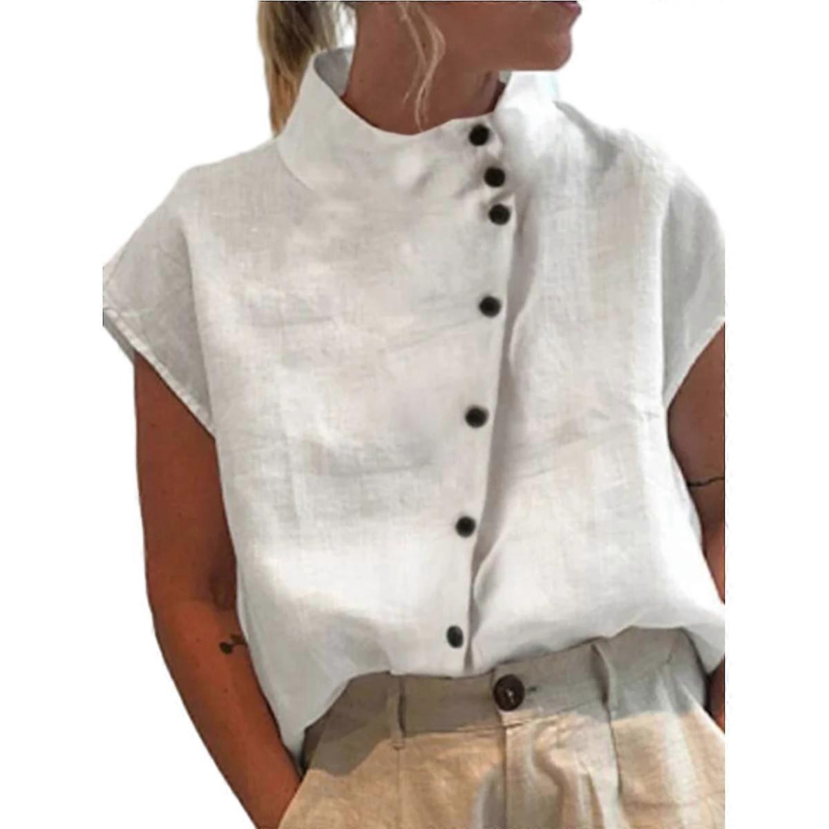 Womens Cotton Linen Short Sleeve Button Down Shirts