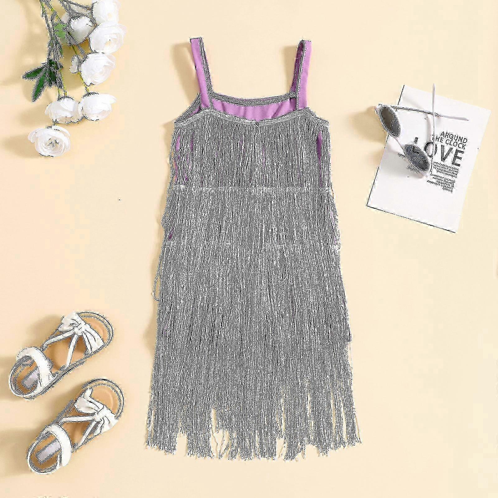 Småbarn Barn Flicka Paljetter Fransklänning Gnistrande Tofs Ärmlös Klänning Små Flickor Dans Kläder Fest Latin Klänning-YuJia VCNMR