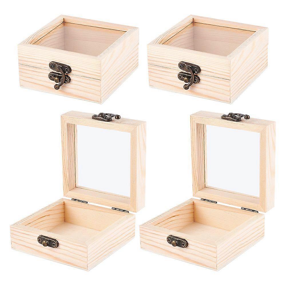 Wooden Box Flip Cover Box with Iron Lock Clasps & Glass Visual Window Rectangle BurlyWood 4x3-1/2x1-3/4 inch(10x9x4.5cm)