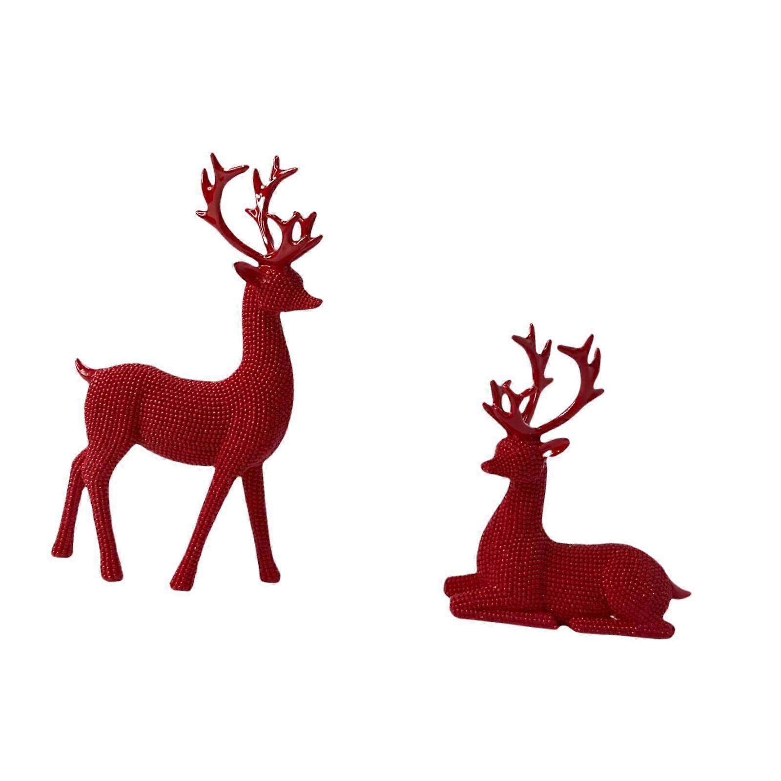 Set of 2 Reindeers Deer Statues Versatile Tabletop Ornament for Wedding Gift Red