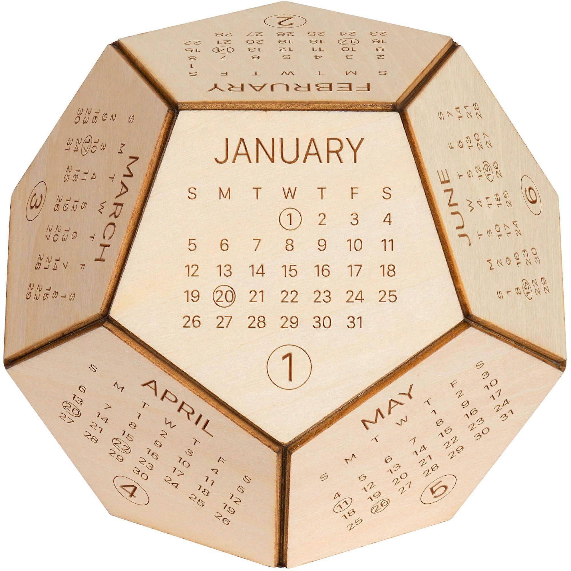 2025 Wood Desk Calendar Dodecahedron Cube 12-Sided Calendar Unique Office Gifts for Employees and Dungeons and Dragons Fans
