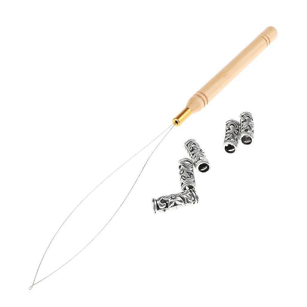 5Pcs Silver Beads Hair Styling Accessory with Wire Pulling Hook Tool, Suitable