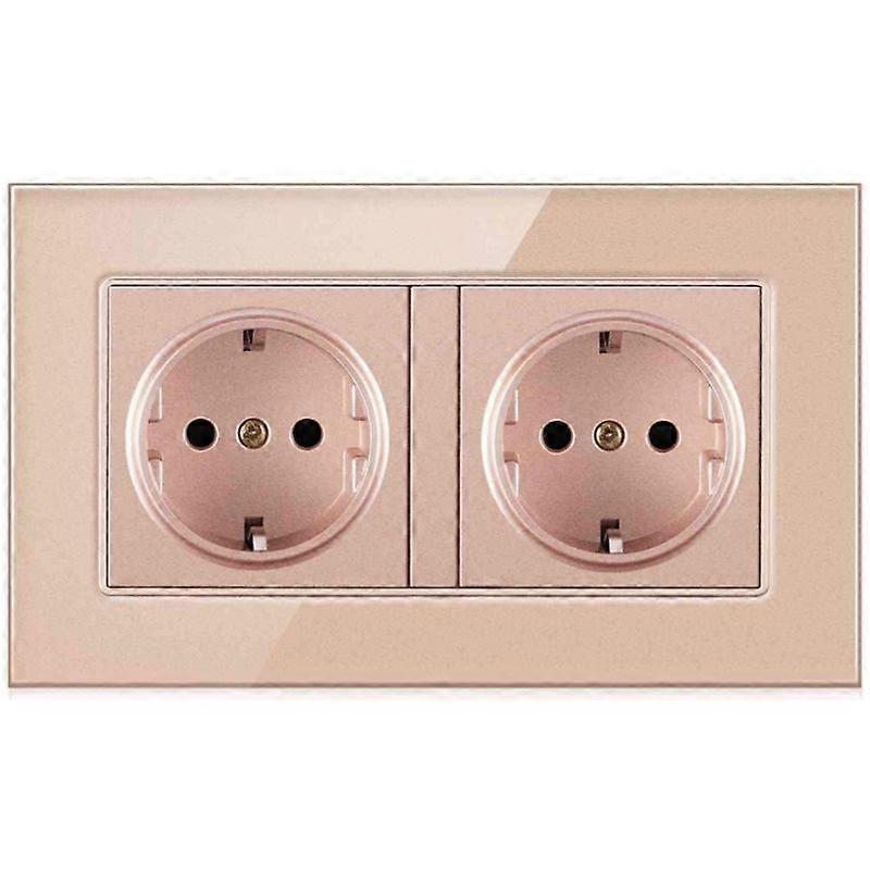 EU Two-slot Electrical Outlet Socket 110V~250V Gold Glass Panel German Wall Double Plug Power Socket 146*86mm