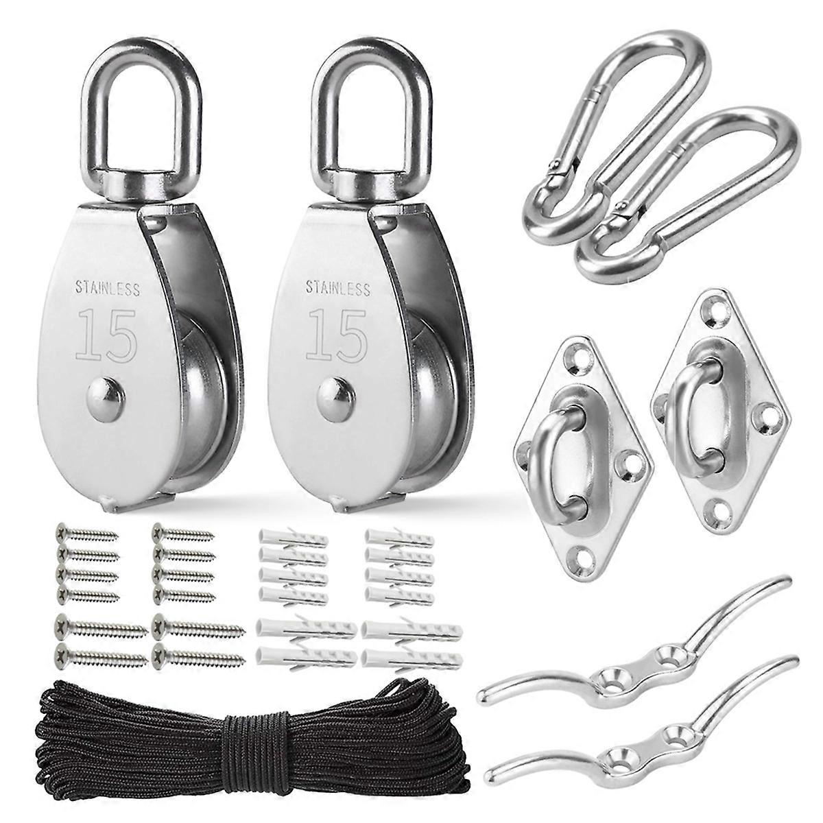 Stainless Steel Pulley System Kit-Heavy-Duty Pulley Wheel, Pulley Block with Nylon Rope 4MM, Hooks,