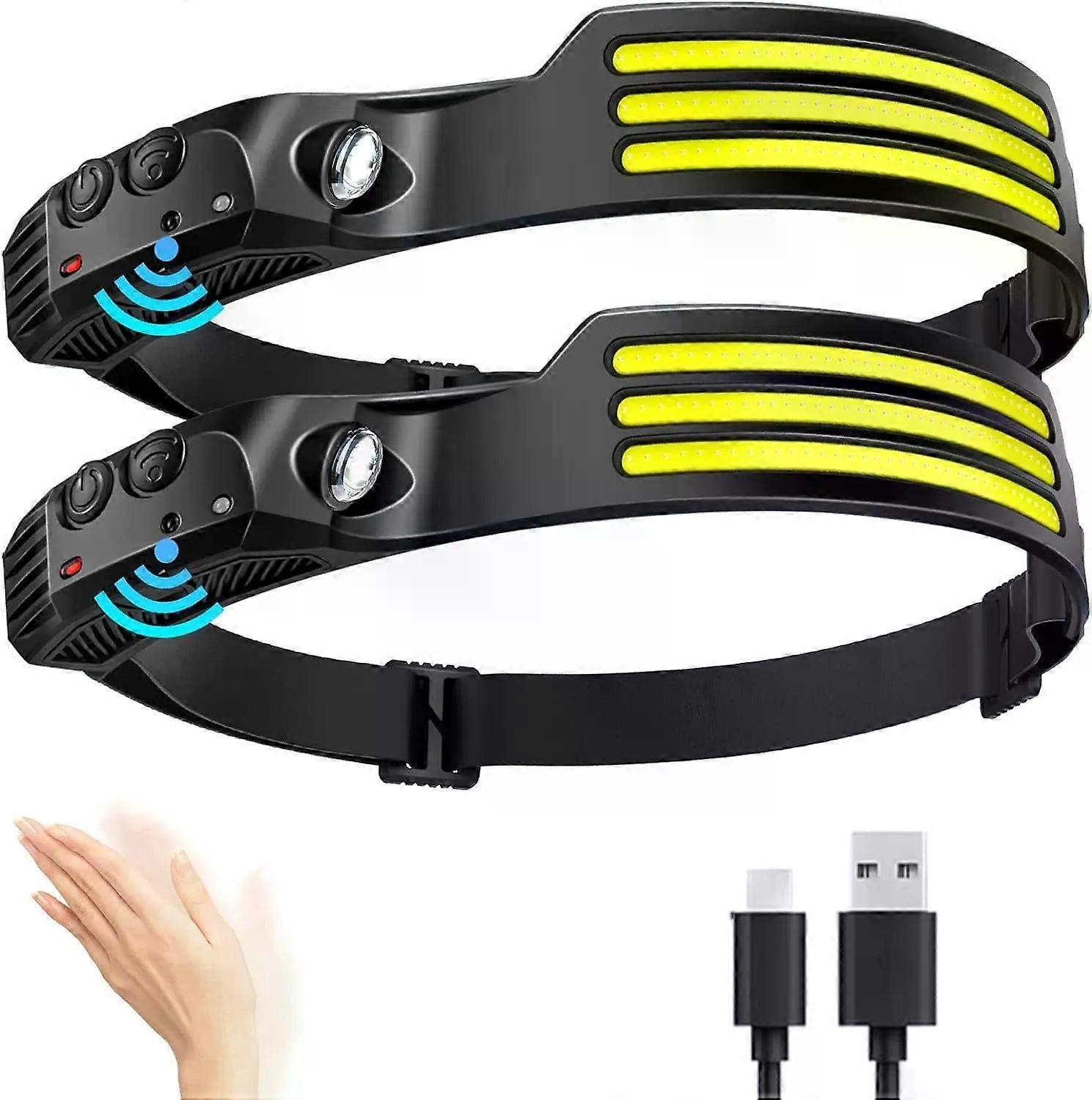 Rechargeable LED Headlamp - Sensor Control with 10 Modes | IPX4 Waterproof & Adjustable for Running, Cycling (2 Pack)