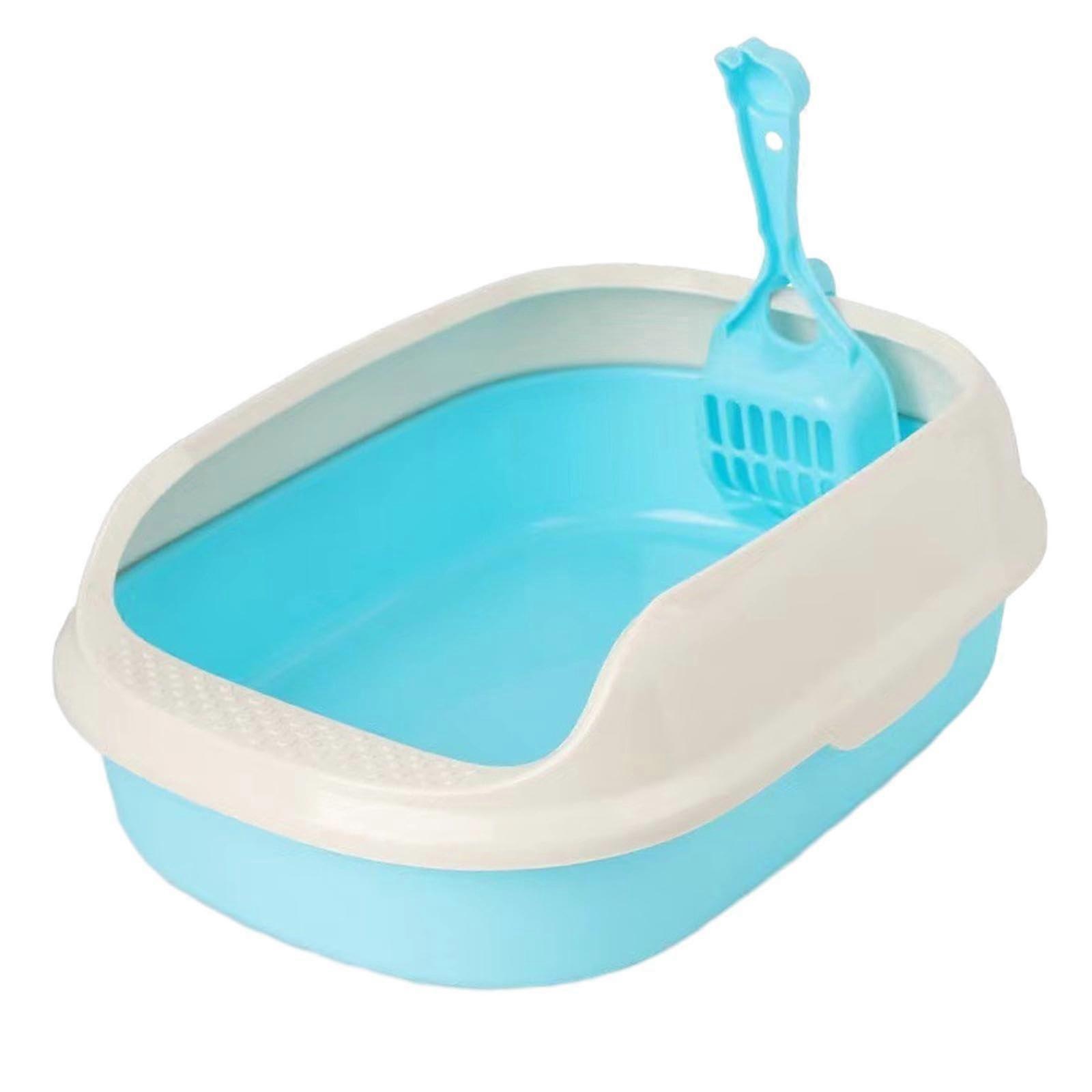 Garbage Box Kitty Litter Pan with High Sides and Open Top, Anti-Spring Design, Blue Plastic Pet Toilet Tray for Cats and Puppies