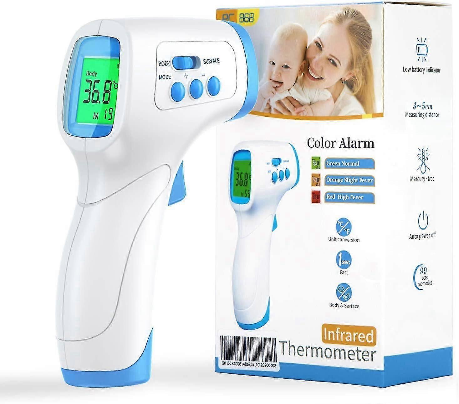 Berührungsloses Stirnthermometer, Thermometer mit Fieberalarm Infrarot-Thermometer mit Memory-Funktion, LCD-Display