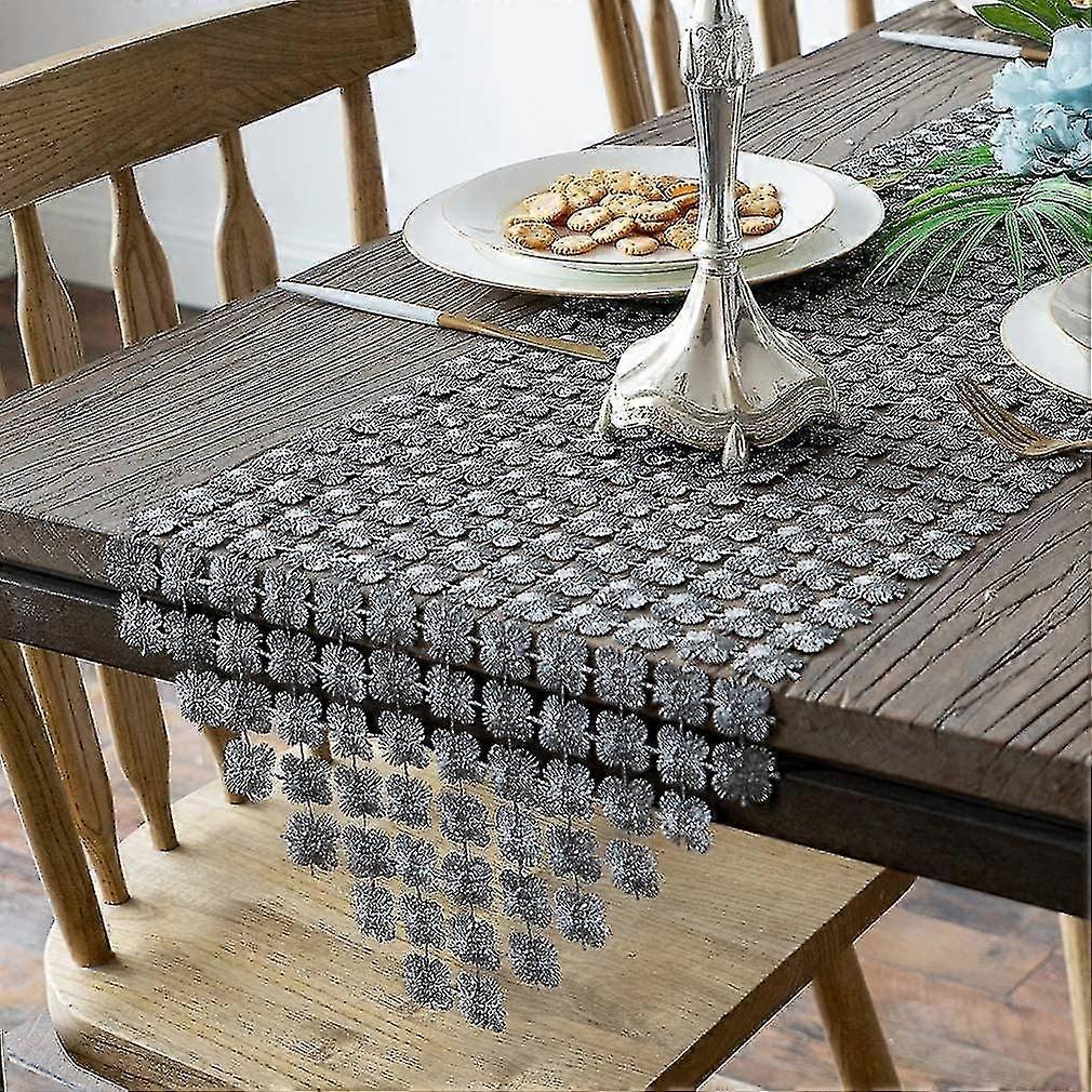 Table Runner 12 X 72 Inch Glitter Flower Decor, Silver Grey