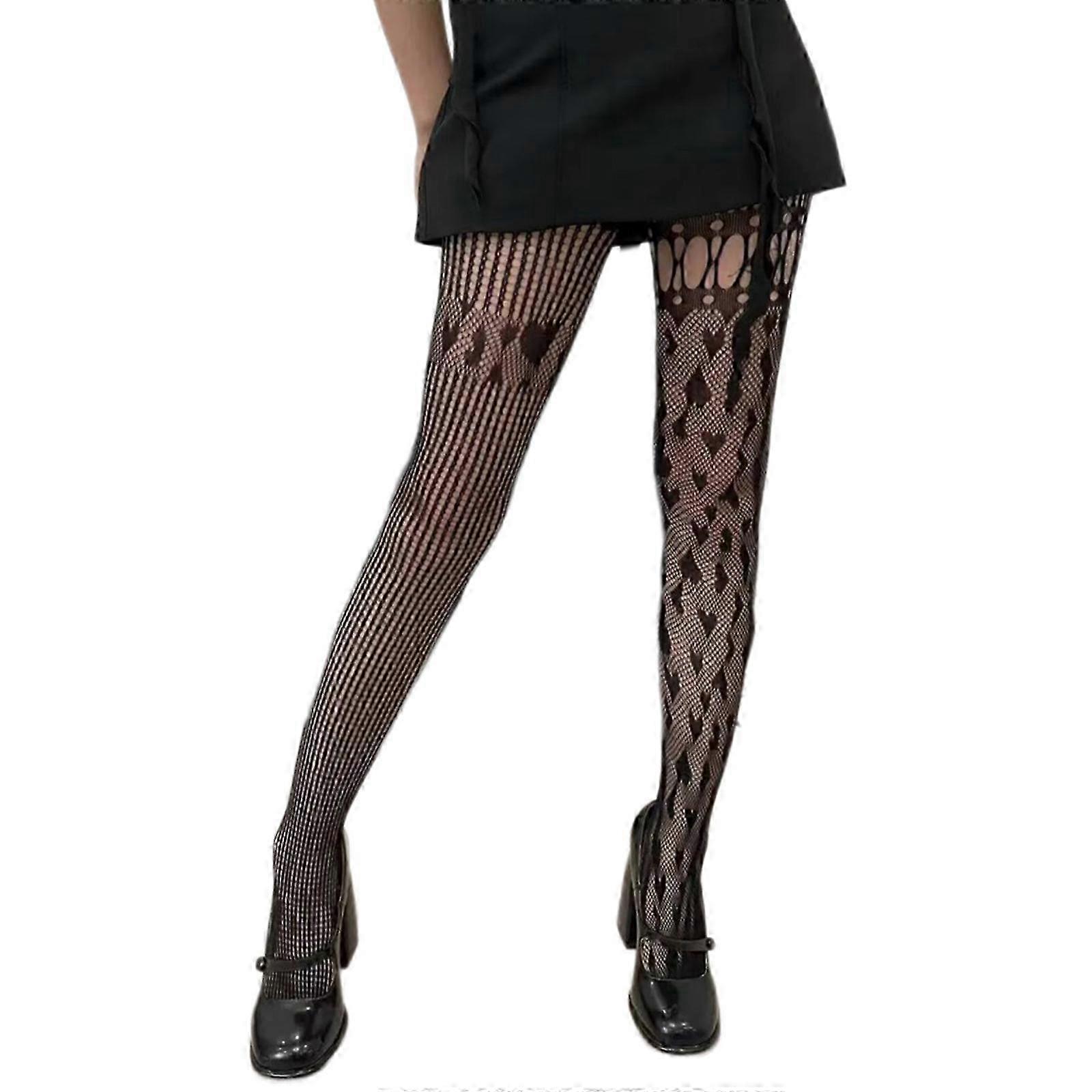 Womens Aesthetic Hollowed Out Fishnet Mesh Tights Stockings Asymmetrical Heart Striped Lace Patterned Sheer Pantyhose  wine red