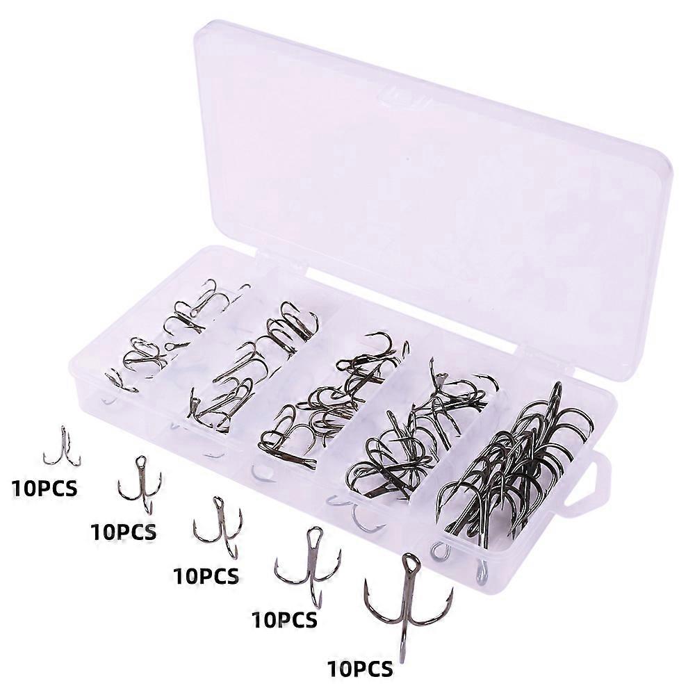 50PCS Treble Hooks Treble Fishing Hooks Carbon Steel Treble Fishing Hooks Set Round Bend Hooks Mixed 5 Size