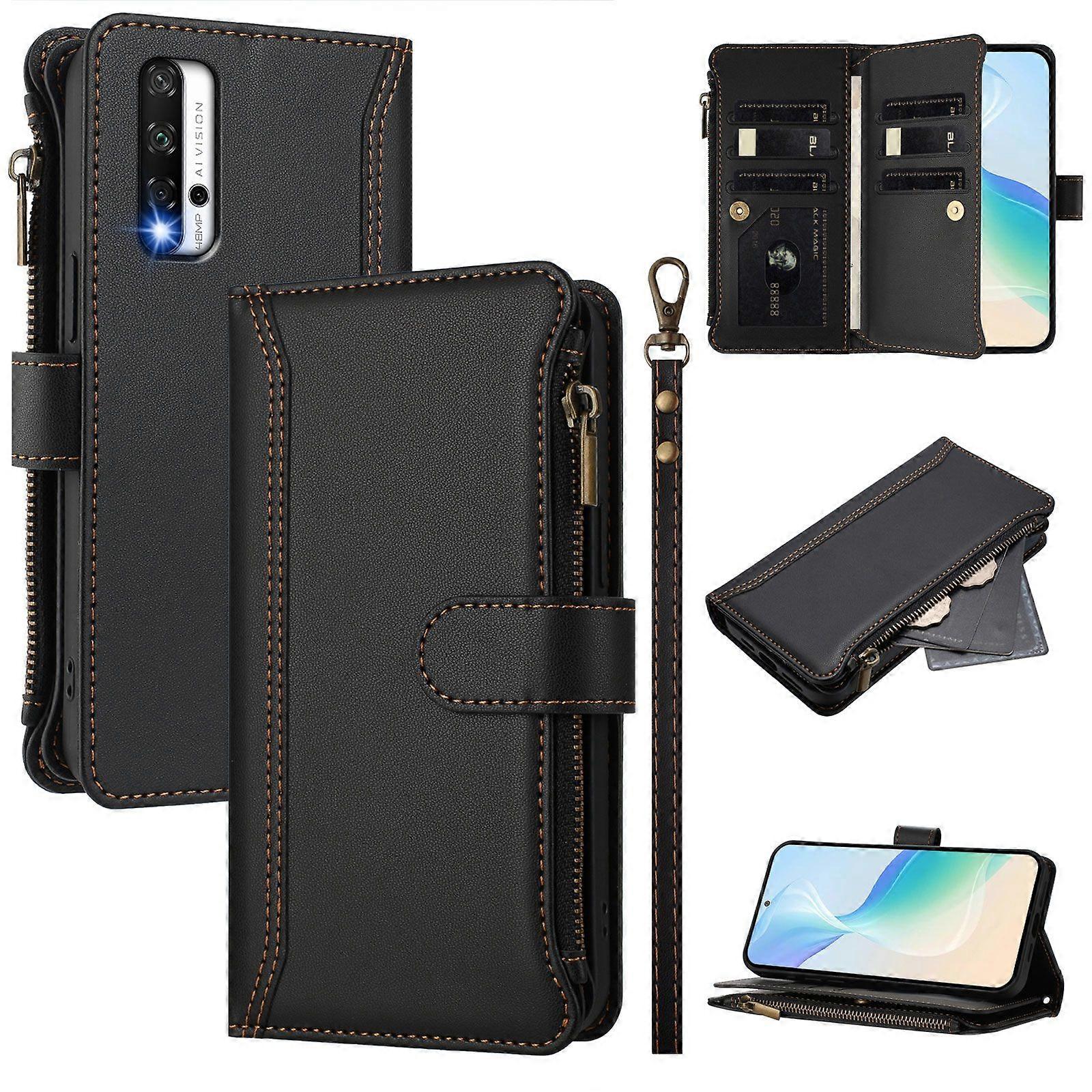 Case for Huawei Nova 5T 4G Premium Leather Zipper Pocket Wallet Phone Case with 9 Card Slots and Detachable Wrist Strap