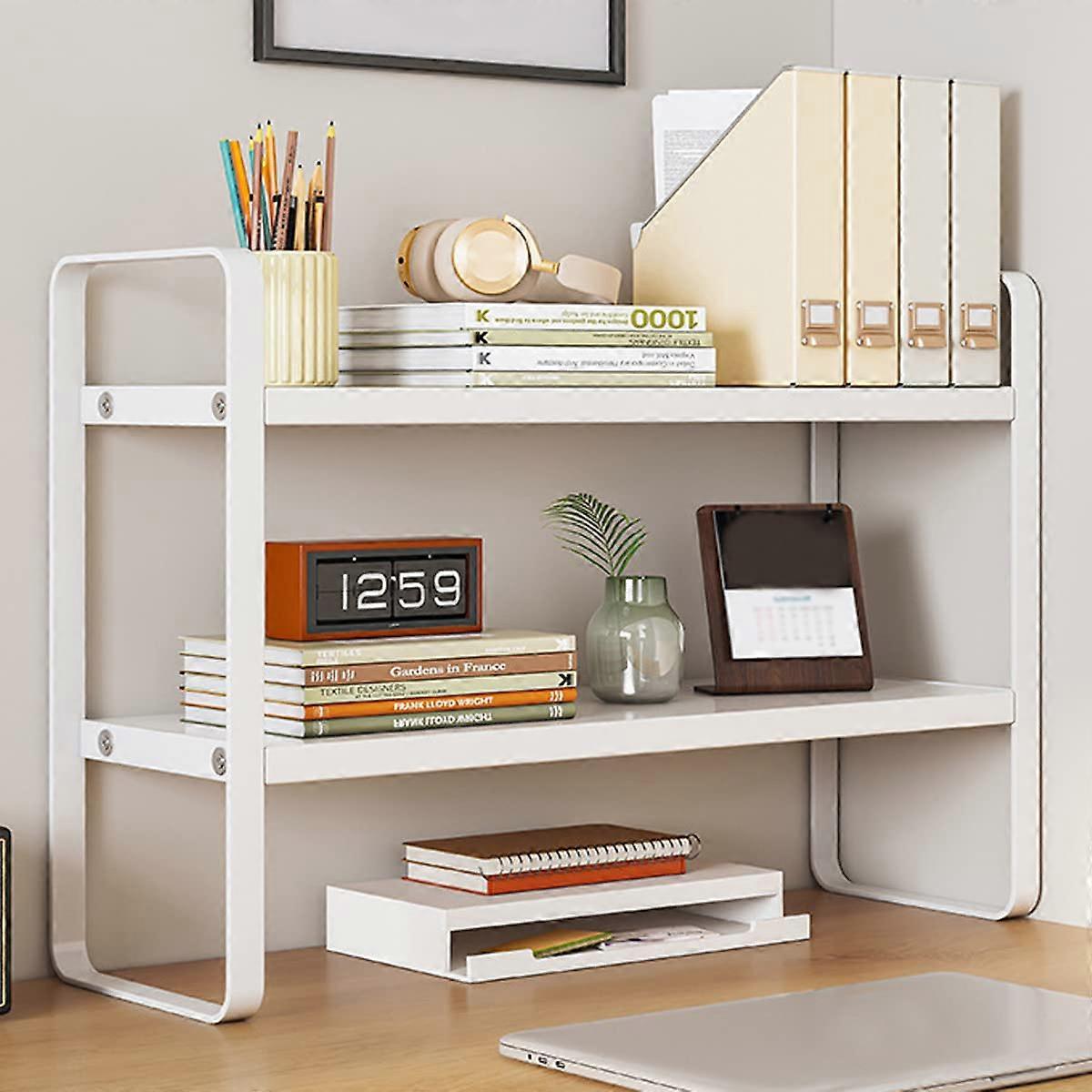 Desktop Organiser Rack - 4-Shelf Office Desk Storage Shelf, White Wooden Bookshelf, Minimalist Style, Desktop Organiser
