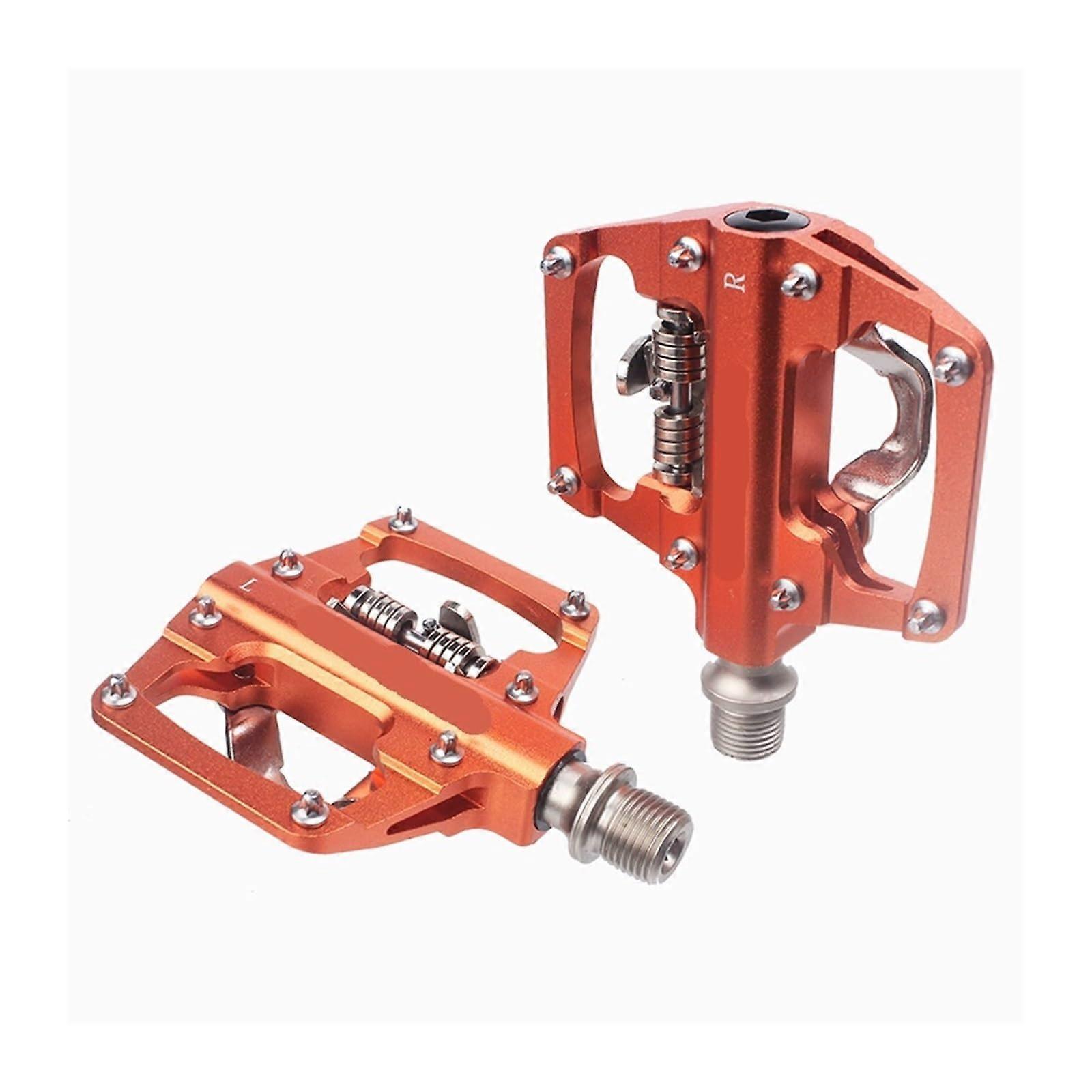 Pedali MTB Click Autobloccanti CNC in Lega di Alluminio DU Cuscinetto SPD Doppia Piattaforma Piatta Mountain Bike Pedale Bicicletta (Arancione)