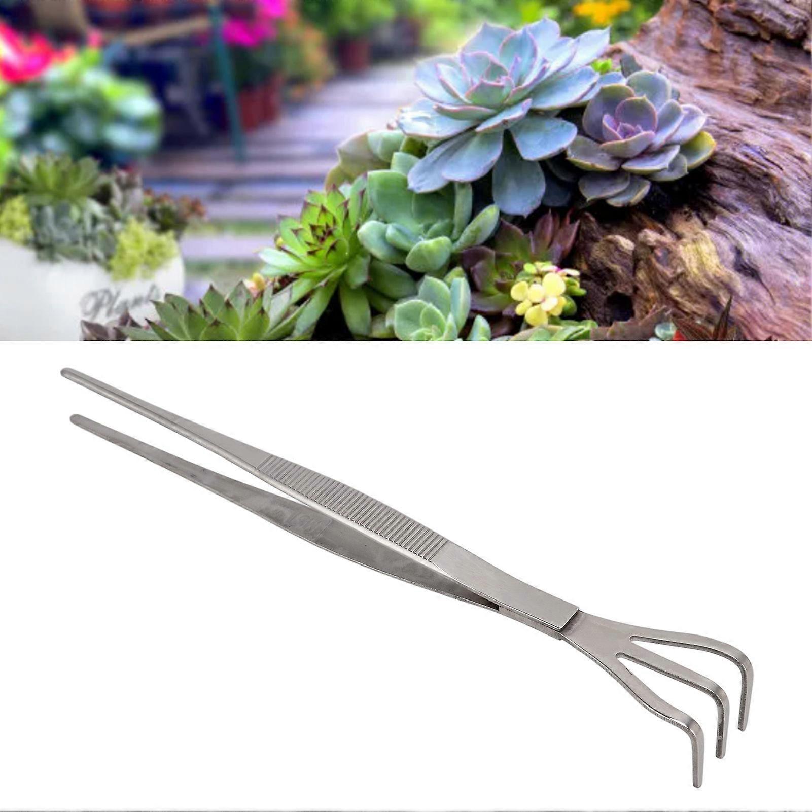 Root Rake with Tweezer 3 Prong Stainless Steel Loosen Soil Bonsai Tree Tools with Ergonomic Handle Straight 