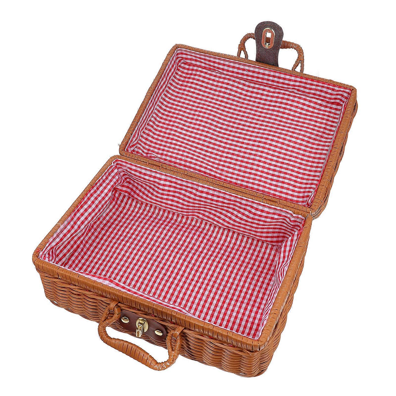 Simulated Rattan Woven Storage Case Handmade Suitcase with Lock for Home Organization Outdoor Picnic Use