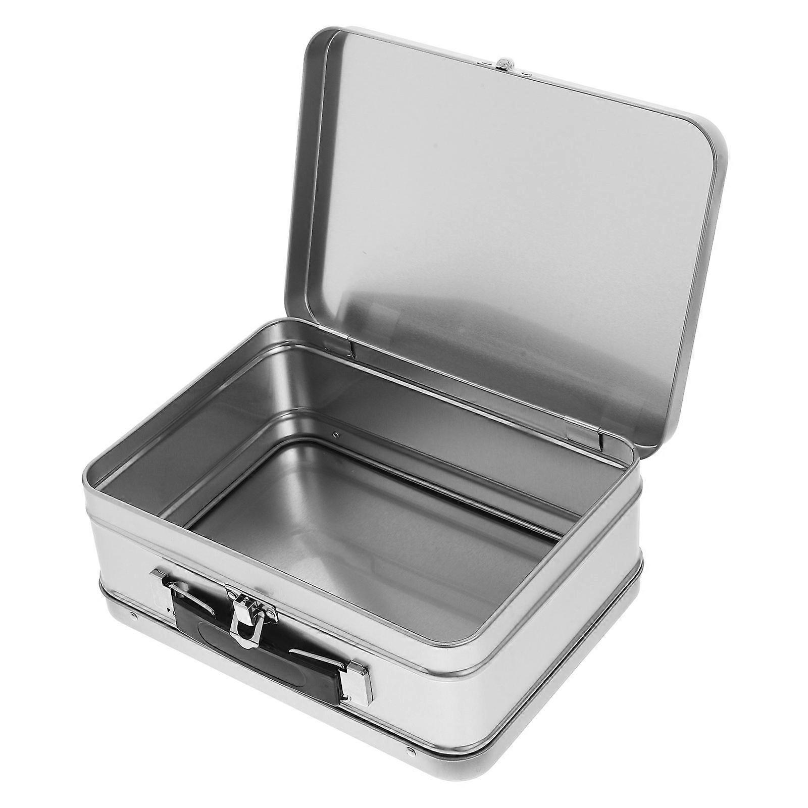Retro Metal Tin Lunch Box with Hinged Lid – Space Saving Storage Container for Snacks, Crafts, and DIY Projects – Ideal for Boys – Silver