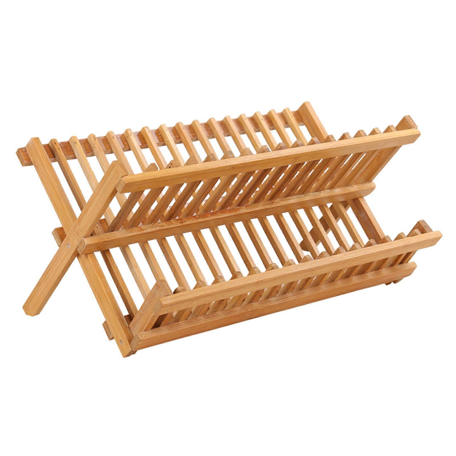 Utensils Storage Stand With Slip Resistant Base Natural Bamboos 2 Tiers Plate Drainer Rack For Efficient Water Drainage Multicolor