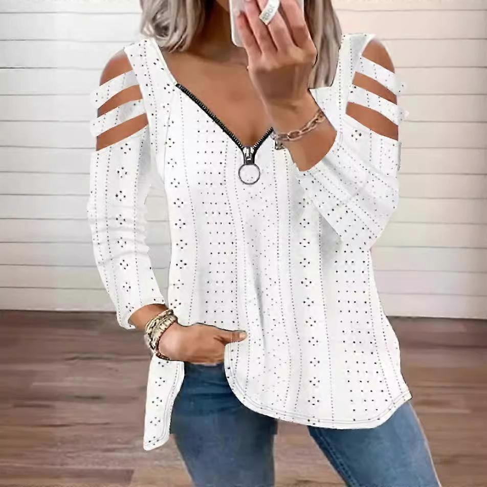 Spring Women's V-Neck Zip Loose Solid Colour Long Sleeve Top