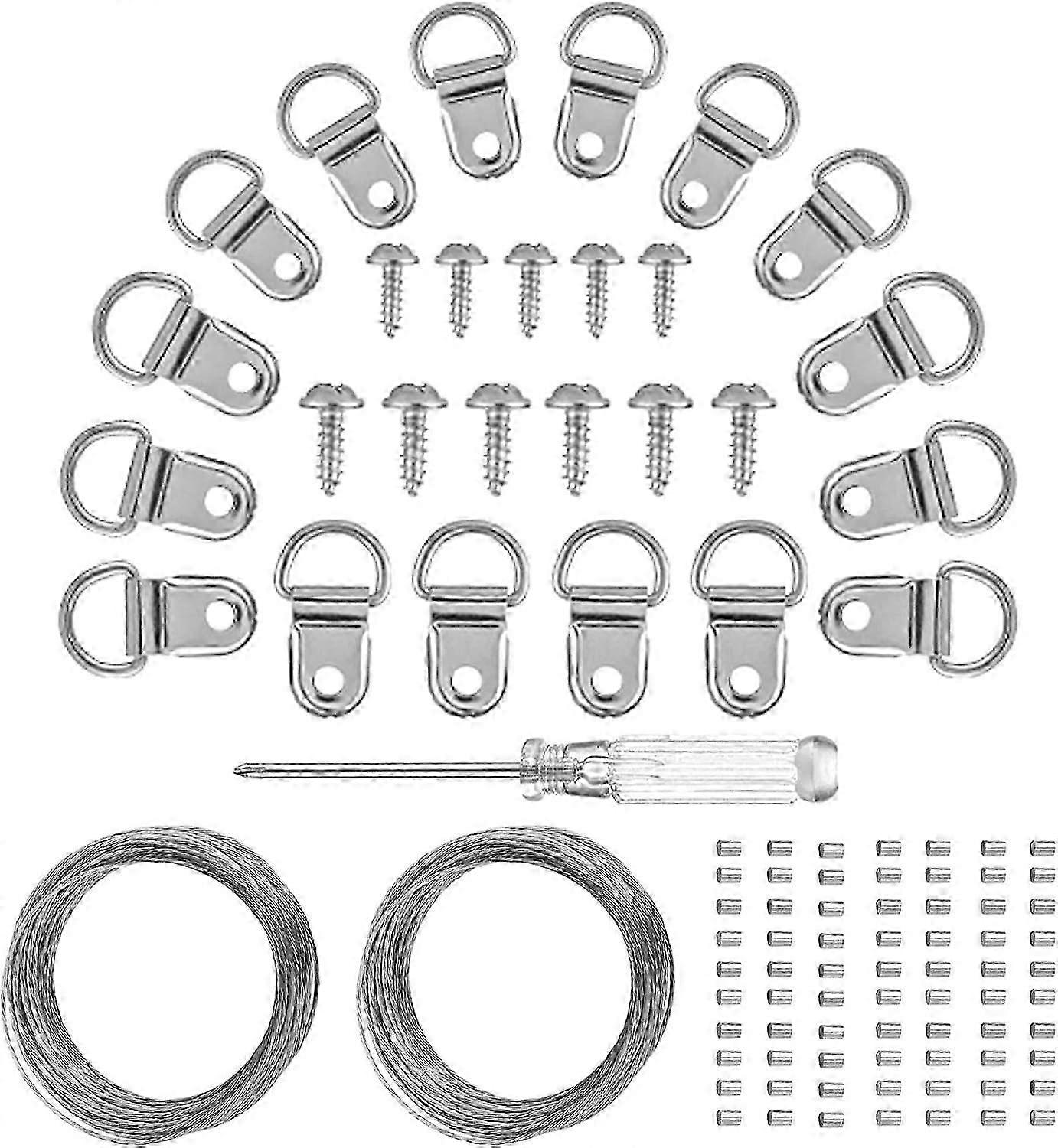 D-Ring Picture Hanger Set (60 Sets) - D-Ring Hook + Screw + Hanging Wire +
