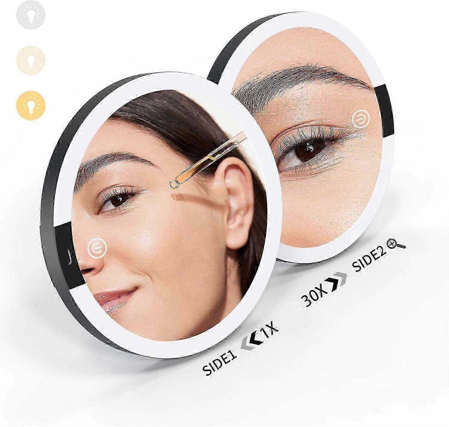 6" Double-Sided 1X/30X Magnifying Mirror,LED Vanity Mirror Large Lighted Makeup Mirror,Portable Travel Makeup Mirror with 3-Color Lights,Magnified Han