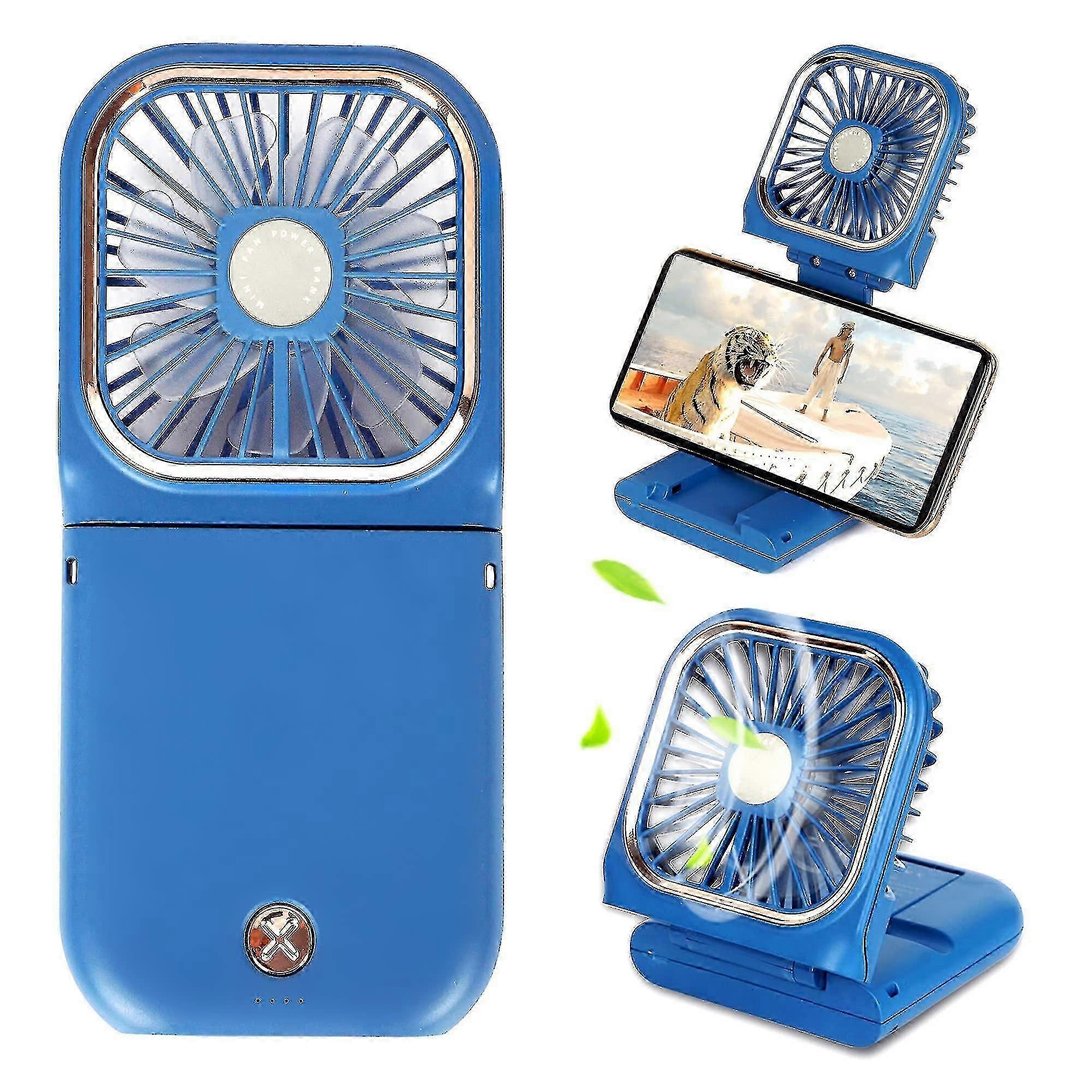 Portable Mini Fan Small Battery Operated Fan 5 In 1 As Power Bank Usb Rechargeable Hand Fans Blue