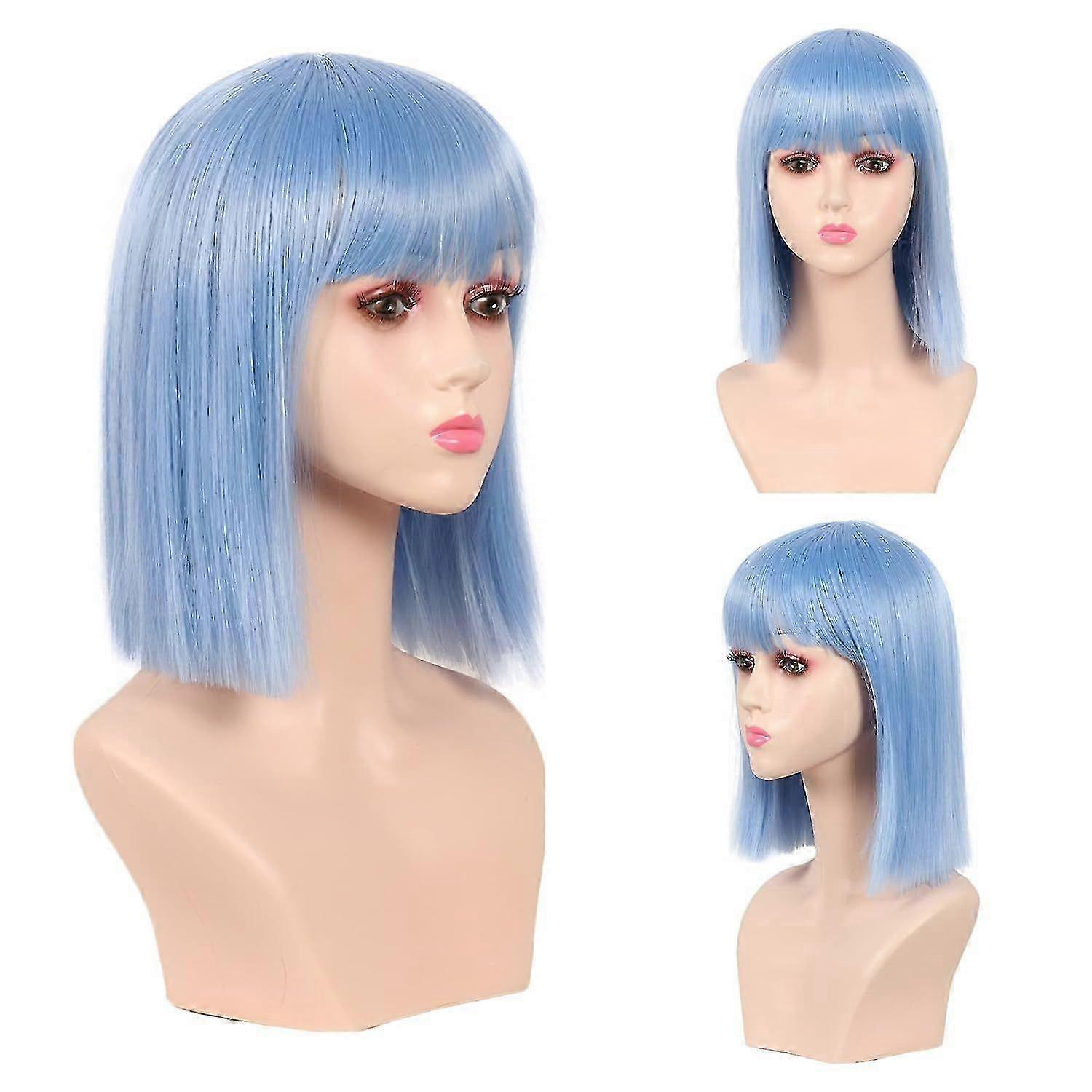 Blue short bob wig with bangs for women. Straight bob hair wig synthetic
