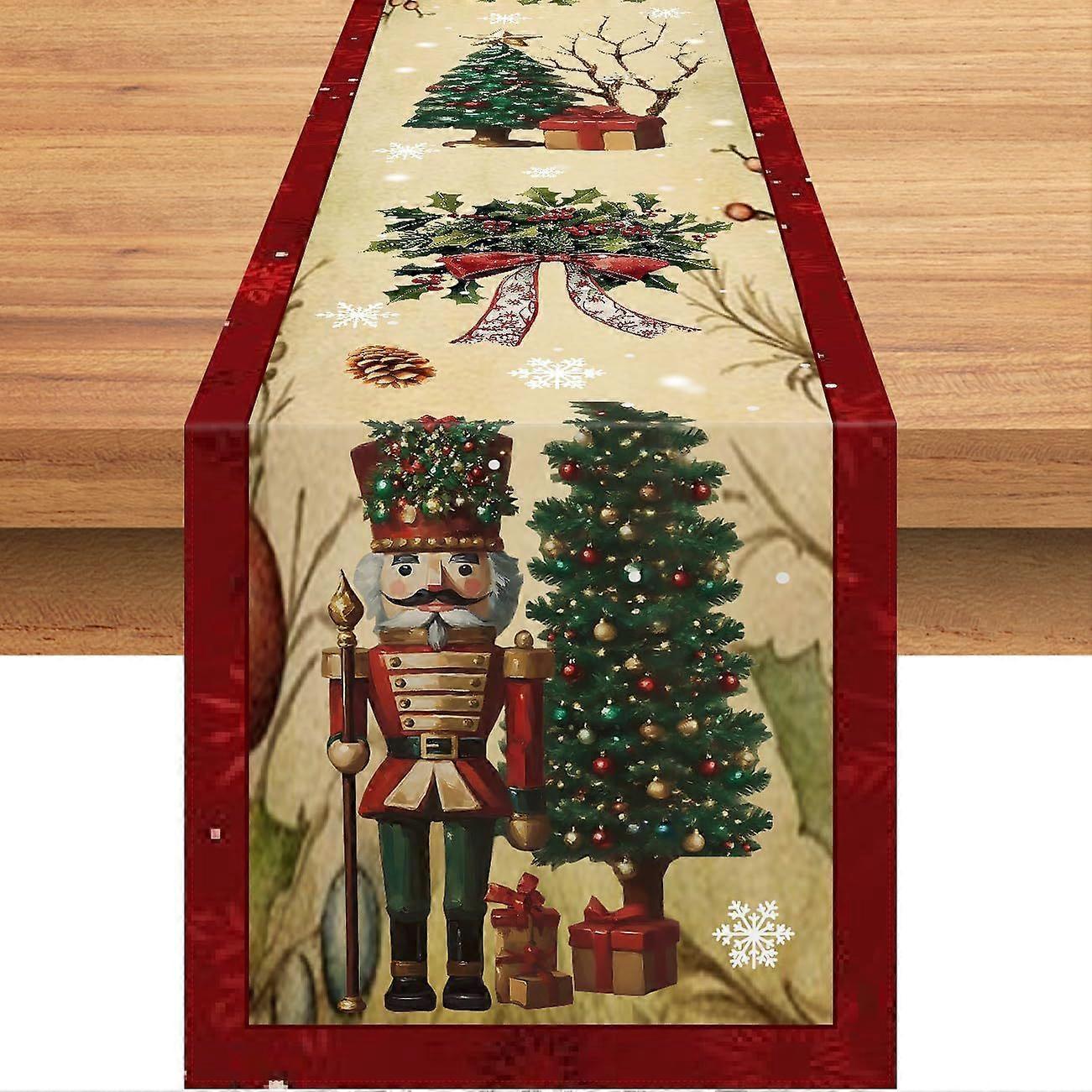 Vintage Red Nutcracker Christmas Table Runner 13x72 Inch Linen Dining Tablecloth