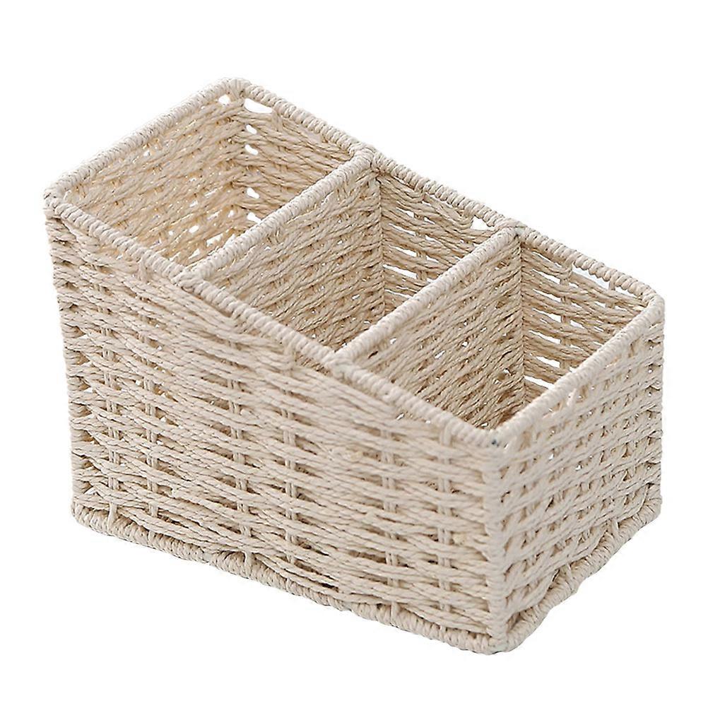 Simulated Hand-Woven Basket Storage Case for Storage Use 3Pcs Beige Desktop Box