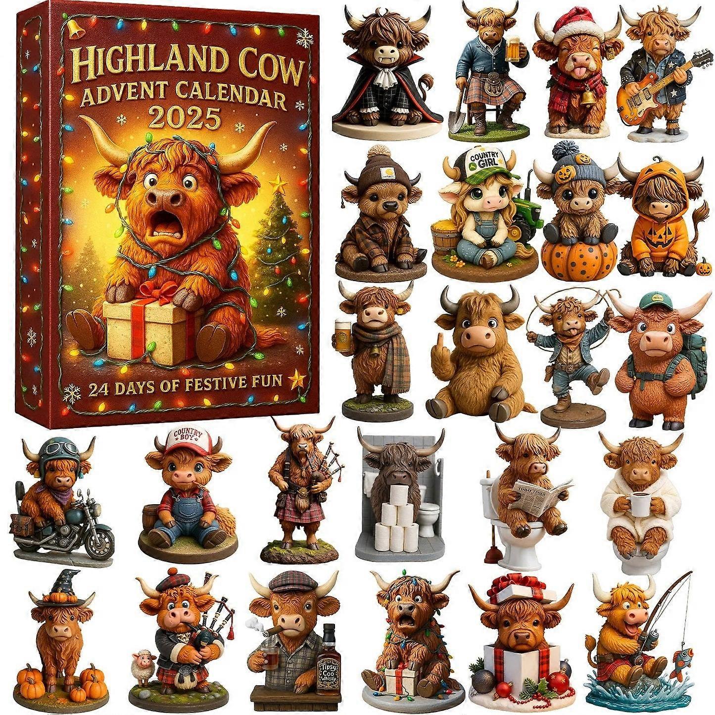 Calendrier de l'Avent 2025 : Vache des Highlands - Poupée 3D faite main (24 pièces)