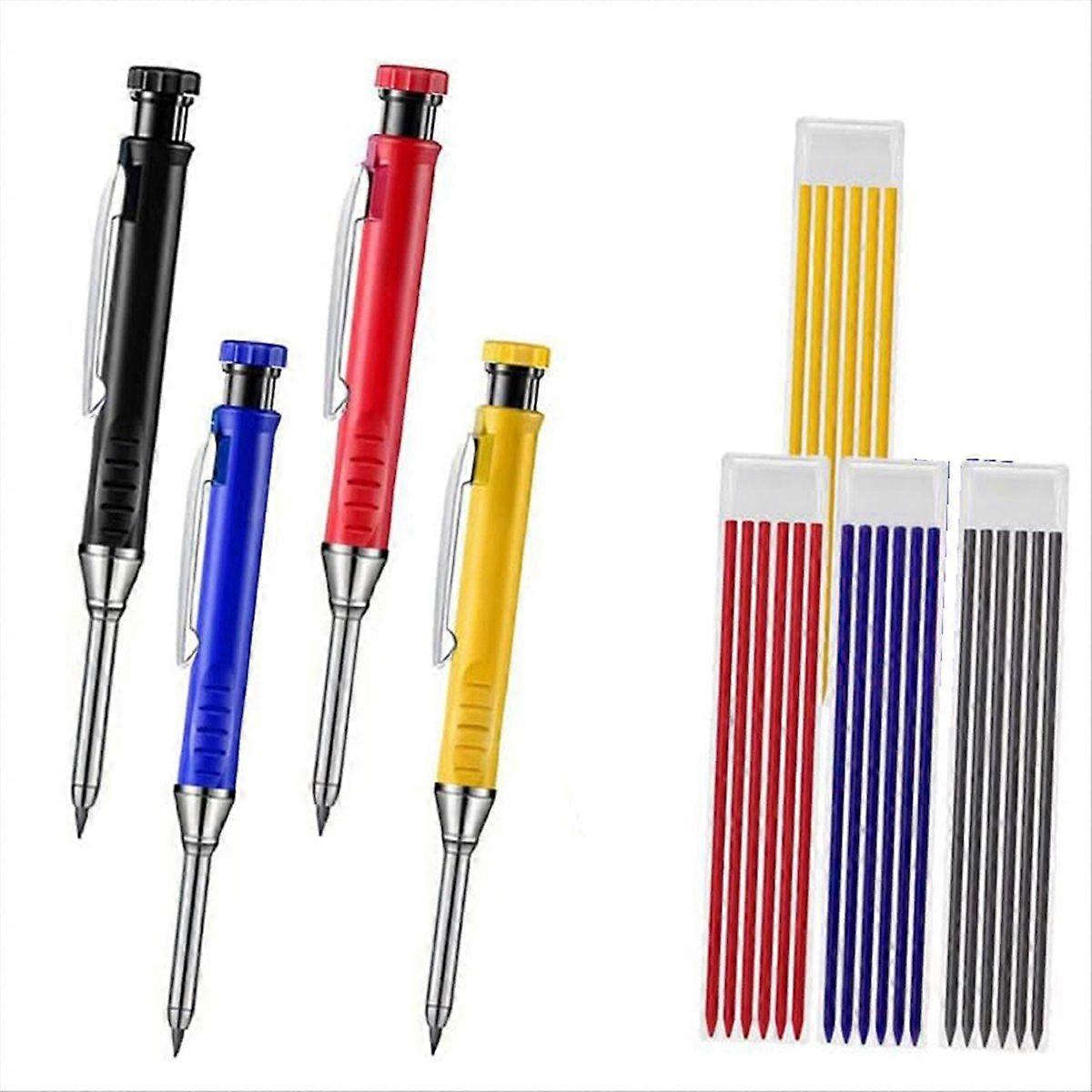 Professional 4-Pen Marking Set - 4 Pens + 24 Leads (Black/Blue/Red/Yellow) - Built-in Sharpeners, E
